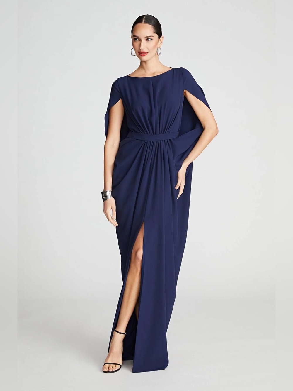 Halston Heritage Starla Navy Cape-Sleeve Maxi Gown with Front Slit
